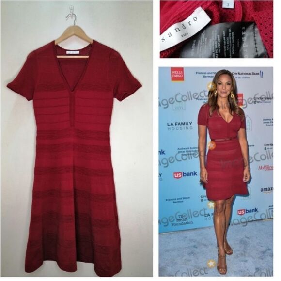 Sandro Red Milau Pointelle Ribbed Dress, S - Picture 2 of 15